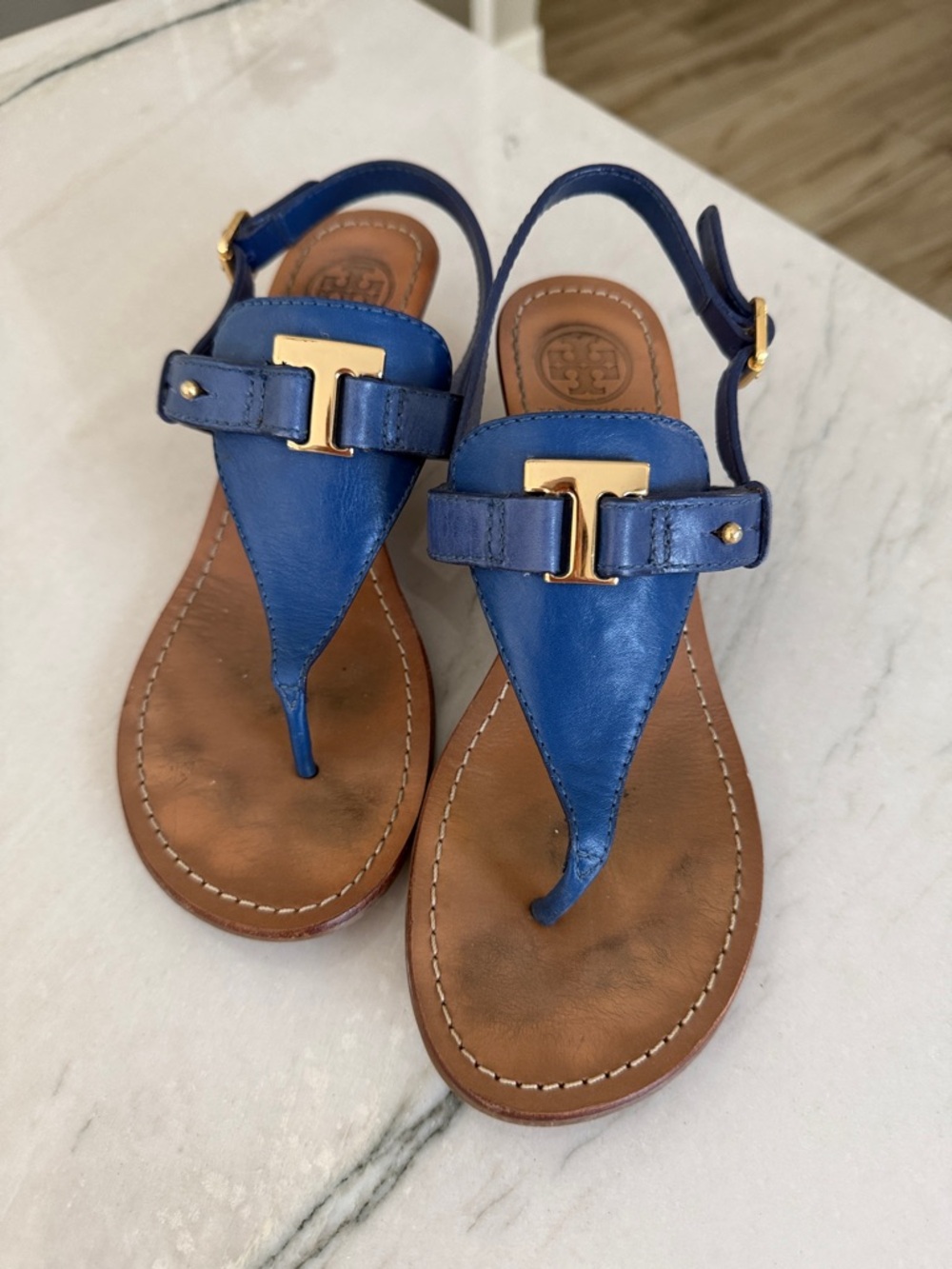 Tory Burch Blue Leather T-Strap Slingback Sandals with Gold Logo